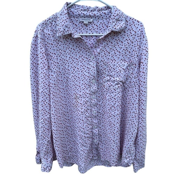 beachlunchlounge Tops - BeachLunchLounge Heart Print Button Up Shirt Pink‎ Red Long Sleeve Viscose XL